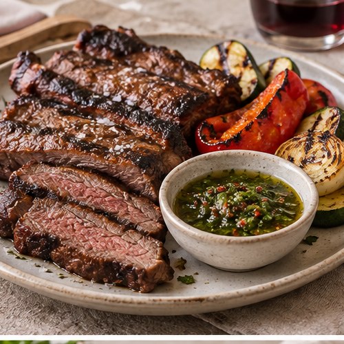 Argentine grilled steak served with chimichurri